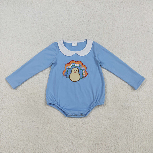 Embroidery Baby Boys Blue Long Sleeves Turkey Bummies Rompers