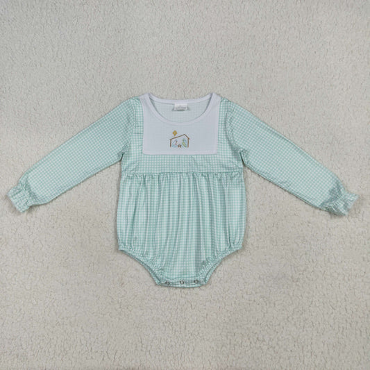 Embroidery Baby Boys Aqua Plaid Christmas Jesus Bummies Rompers