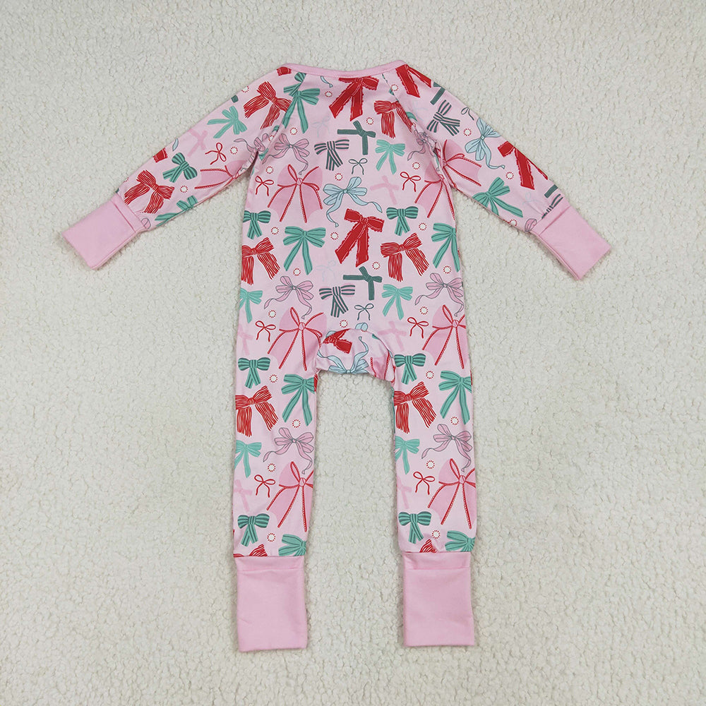 Baby Girls Pink Long Sleeves Colorful Bows Zipper Rompers