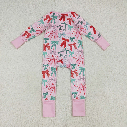 Baby Girls Pink Long Sleeves Colorful Bows Zipper Rompers