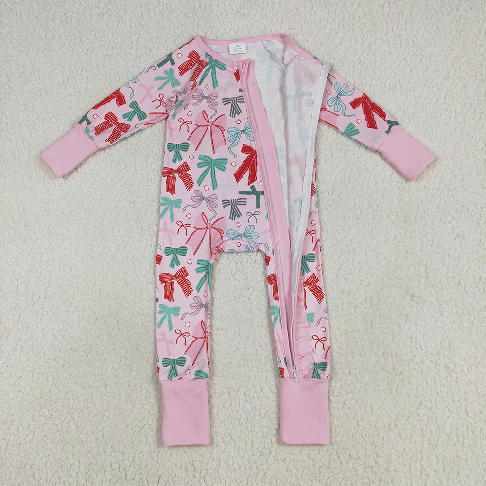 Baby Girls Pink Long Sleeves Colorful Bows Zipper Rompers