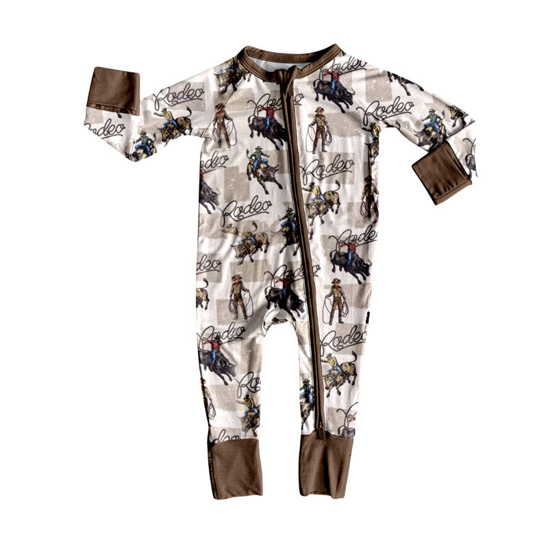 Baby Girls Long Sleeves Khaki Plaid Horse Rodeos Zipper Rompers Preorder