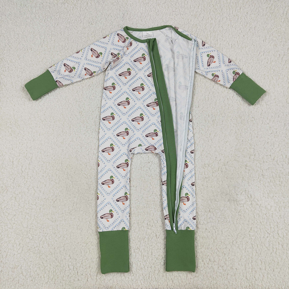 Baby Girls Long Sleeves Green Ducks Plaid Zipper Rompers