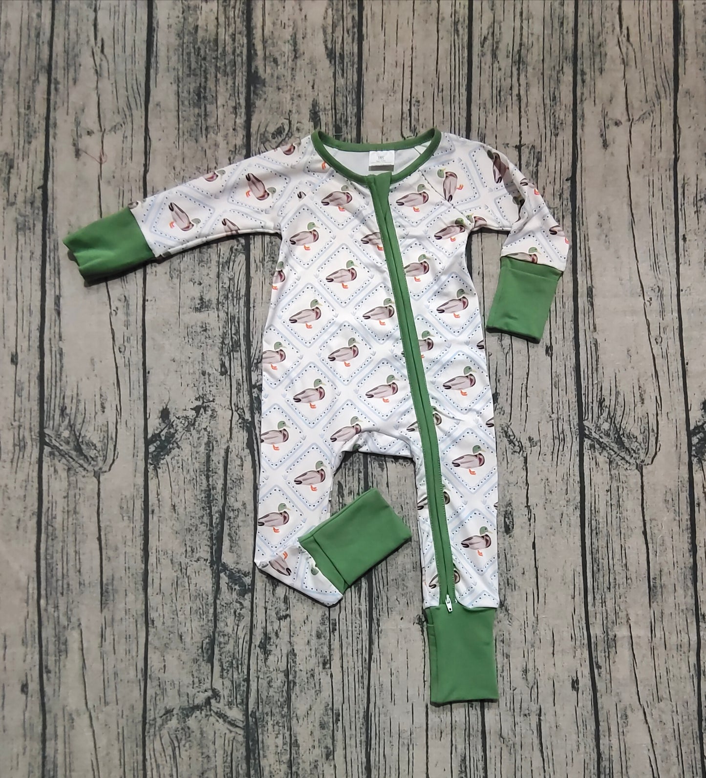 Baby Girls Long Sleeves Green Ducks Plaid Zipper Rompers