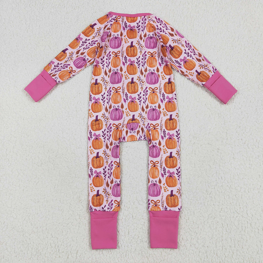 Baby Girls Hot Pink Floral Pumpkins Footie Zipper Rompers