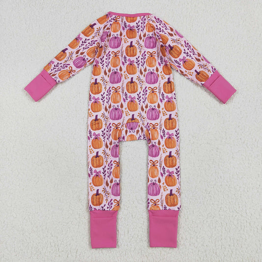 Baby Girls Hot Pink Floral Pumpkins Footie Zipper Rompers