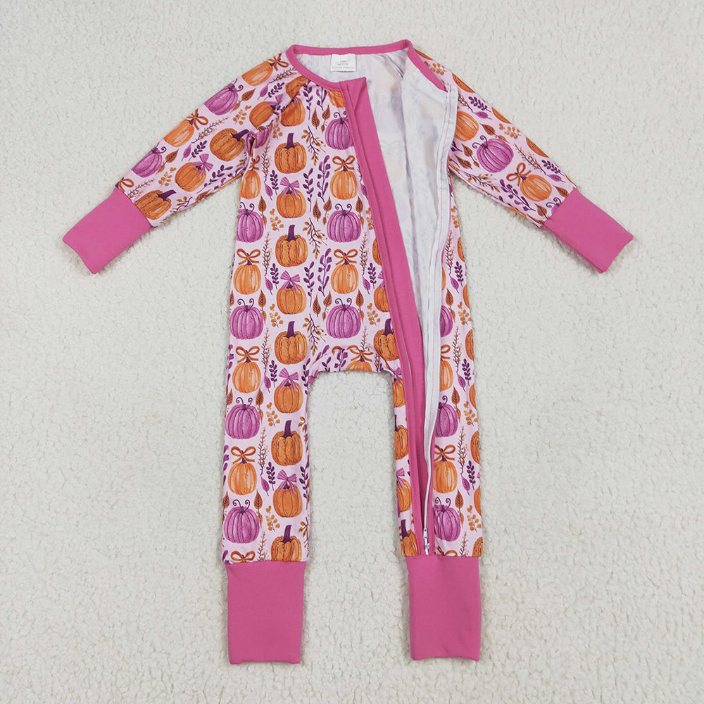 Baby Girls Hot Pink Floral Pumpkins Footie Zipper Rompers