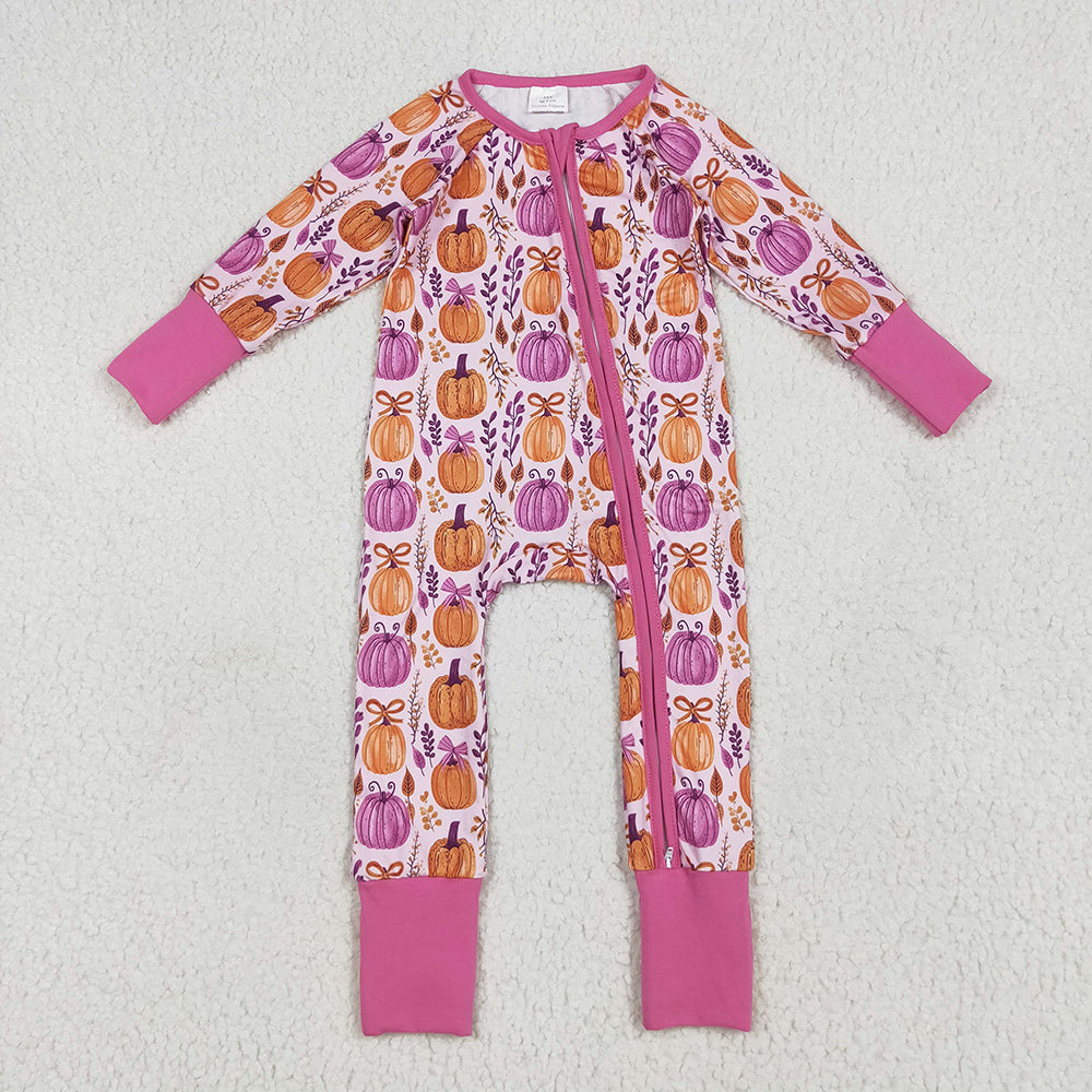 Baby Girls Hot Pink Floral Pumpkins Footie Zipper Rompers