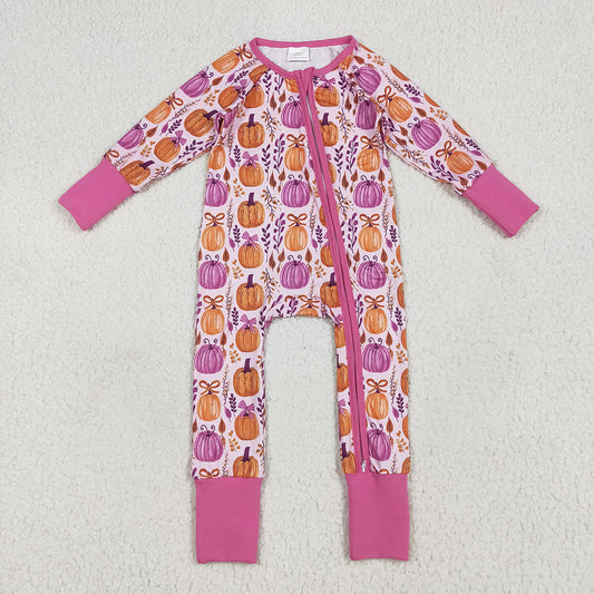 Baby Girls Hot Pink Floral Pumpkins Footie Zipper Rompers