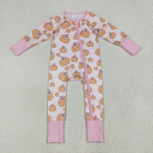 Baby Girls Long Sleeves Pink Bows Pumpkins Footie Zipper Rompers