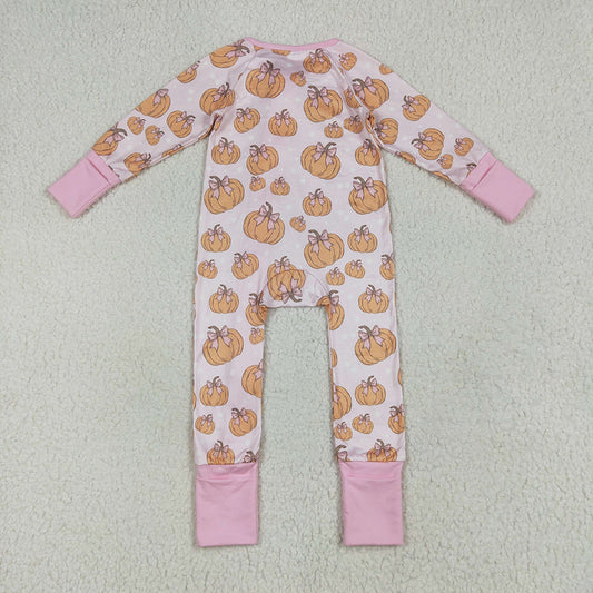Baby Girls Long Sleeves Pink Bows Pumpkins Footie Zipper Rompers