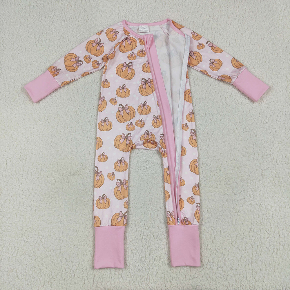 Baby Girls Long Sleeves Pink Bows Pumpkins Footie Zipper Rompers