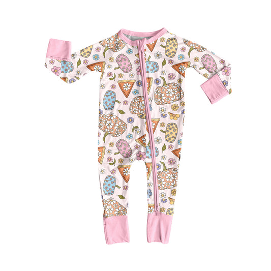 Preorder moq 5 Baby Girls Pink Flowers Pumpkins Fall Zipper Footie Rompers