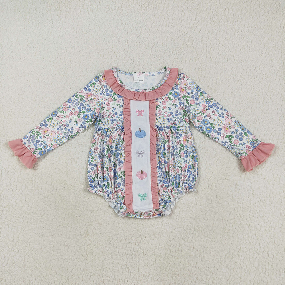 Embroidery Baby Girls Long Sleeves Floral Bows Pumpkins Ruffle Rompers