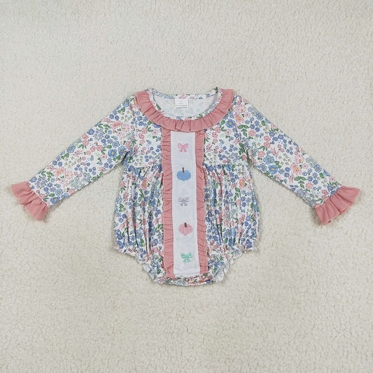 Embroidery Baby Girls Long Sleeves Floral Bows Pumpkins Ruffle Rompers