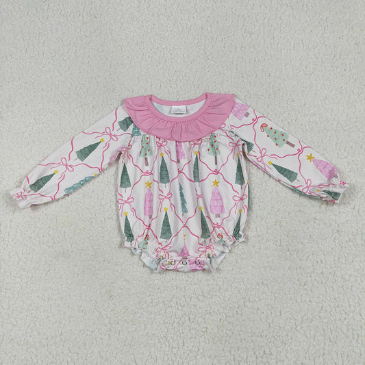 Baby Girls Long Sleeves Pink Bows Trees Plaid Ruffle Rompers