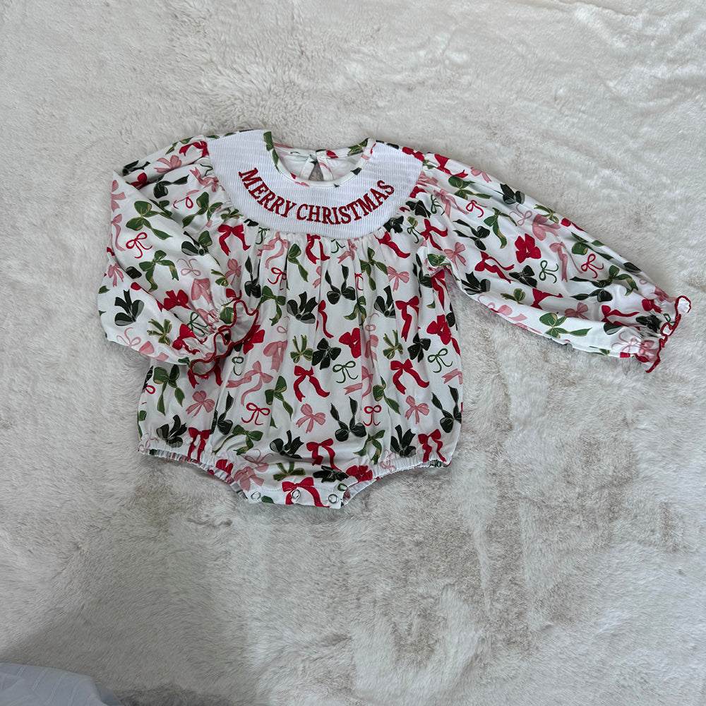 Baby Girls Smocked Embroidery Merry Christmas Colorful Bows Rompers