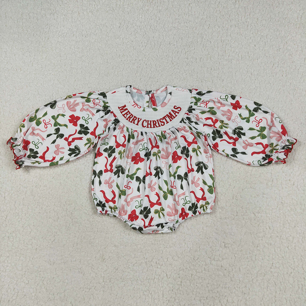 Baby Girls Smocked Embroidery Merry Christmas Colorful Bows Rompers