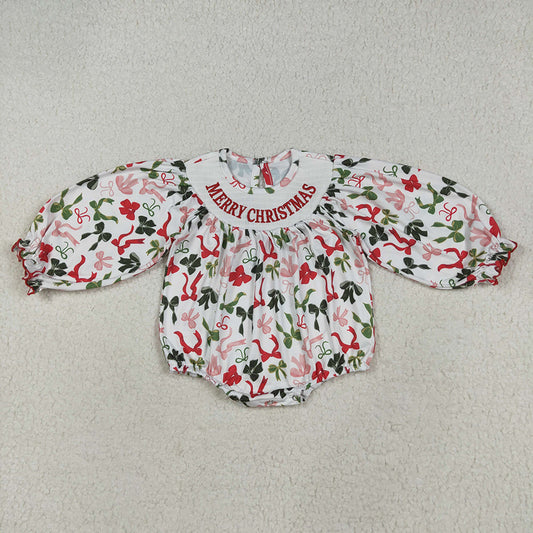 Baby Girls Smocked Embroidery Merry Christmas Colorful Bows Rompers