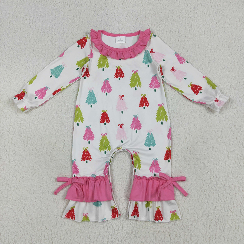 Baby Girls Christmas Colorful Bows Trees Ruffle Pant Rompers