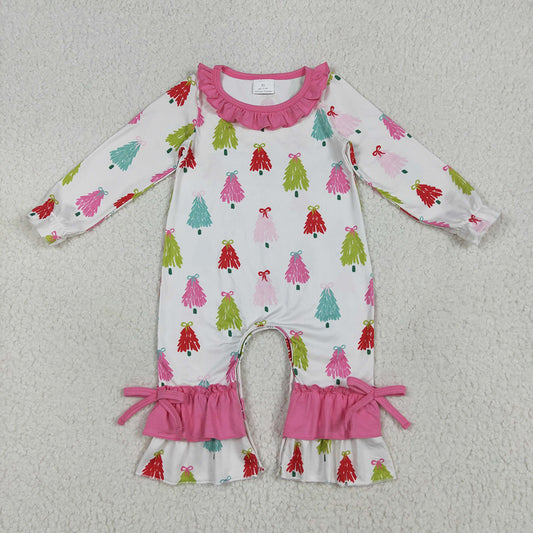 Baby Girls Christmas Colorful Bows Trees Ruffle Pant Rompers