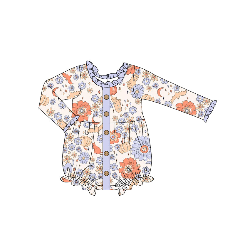 Baby Girls Long Sleeves Daisy Pumpkins Button Ruffle Rompers Preorder