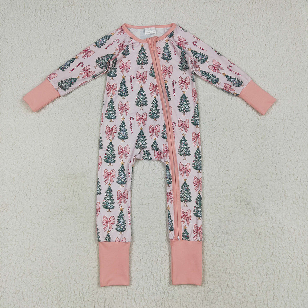 Baby Girls Christmas Tree Pink Bows Zipper Footie Rompers