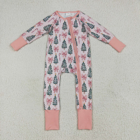 Baby Girls Christmas Tree Pink Bows Zipper Footie Rompers