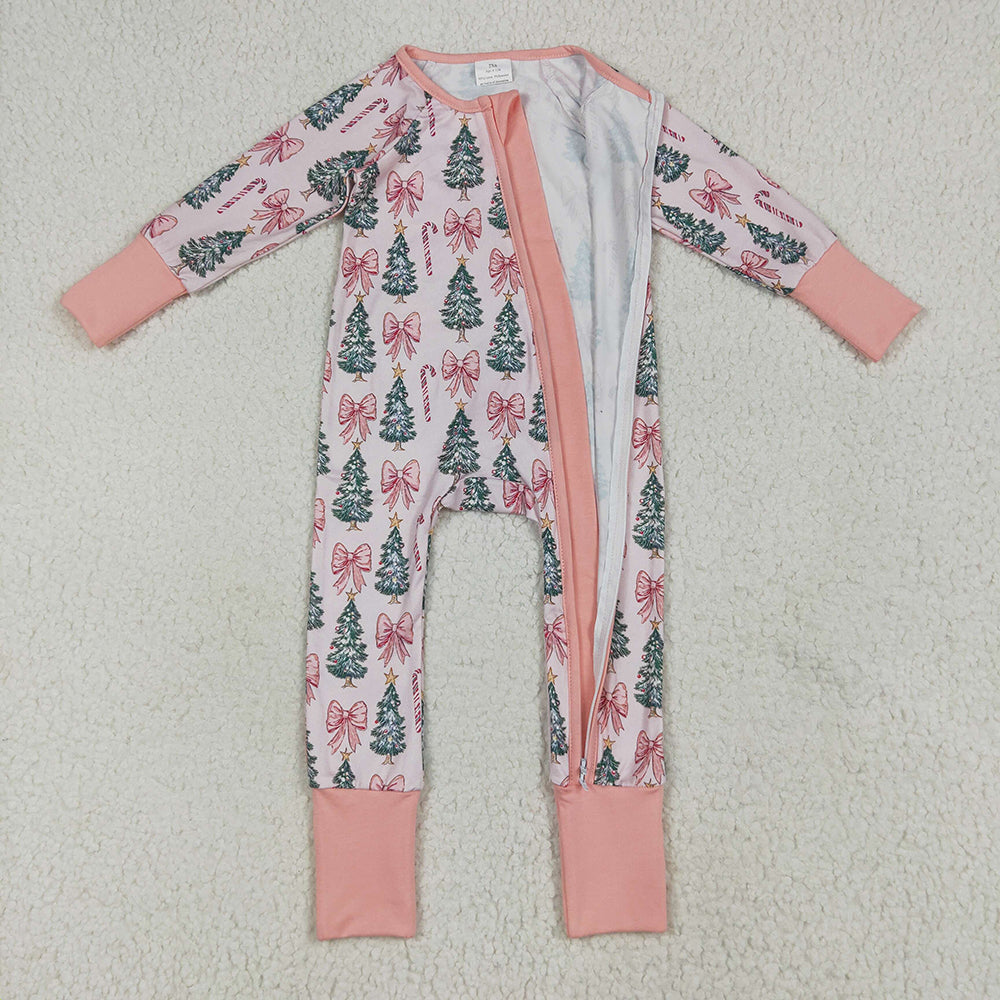 Baby Girls Christmas Tree Pink Bows Zipper Footie Rompers
