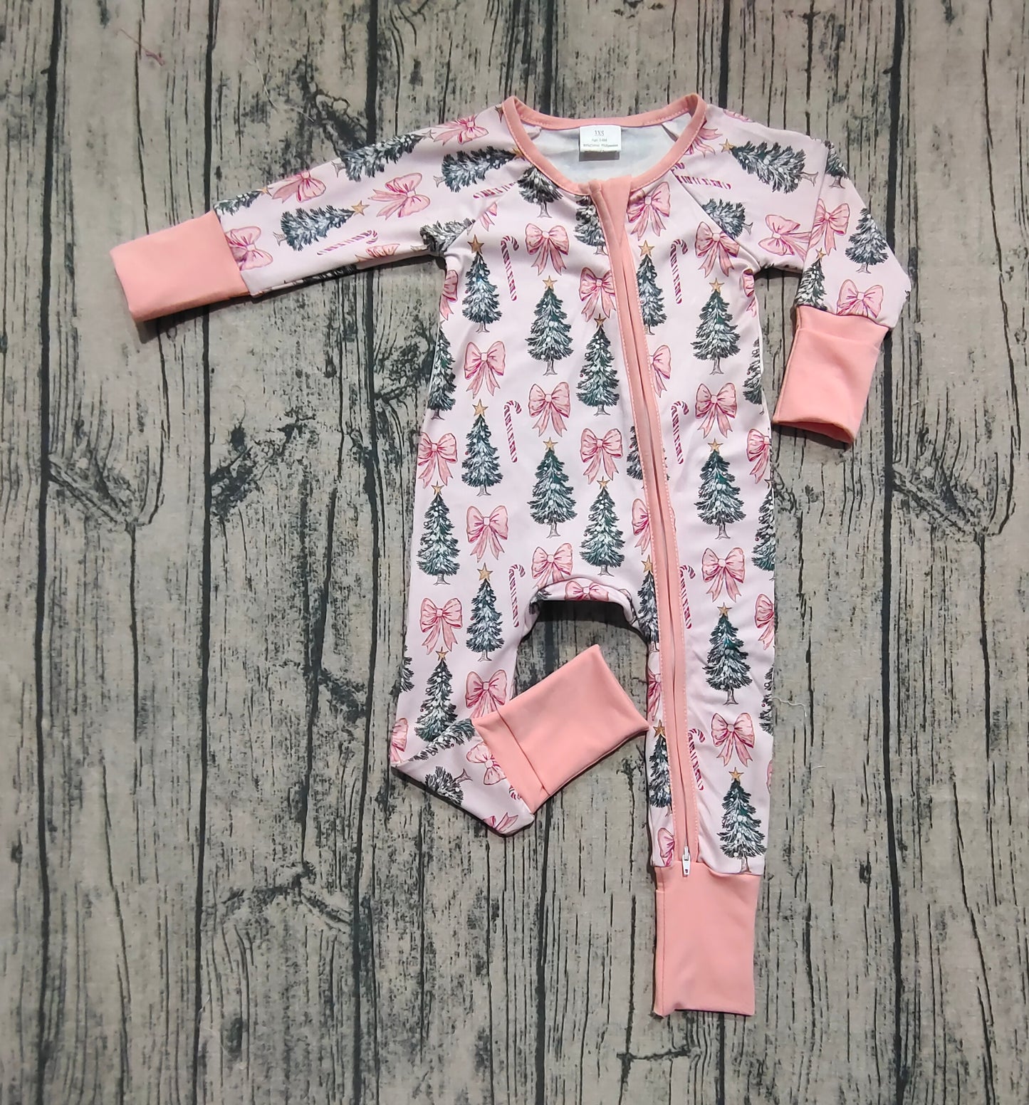Baby Girls Christmas Tree Pink Bows Zipper Footie Rompers
