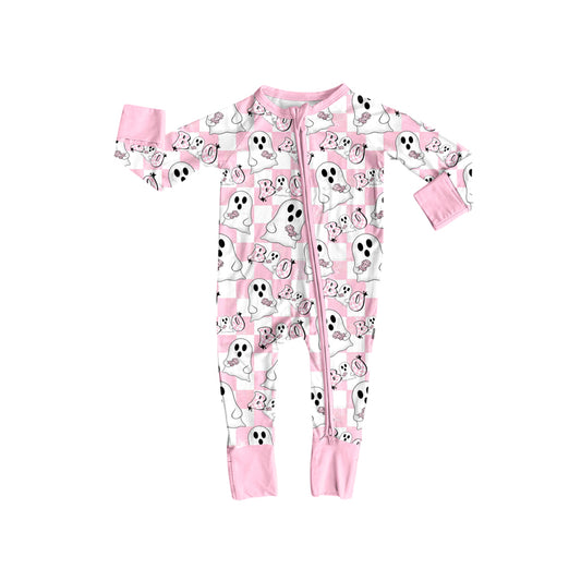 Baby Girls Pink Plaid Long Sleeves Ghost BOO Zipper Rompers Preorder