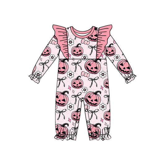 Baby Girls Long Sleeves Pink Pumpkins Flowers Ruffle Rompers Preorder