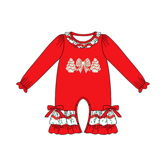 Baby Girls Red Long Ruffle Sleeves Bows Tree Pant Rompers Preorder