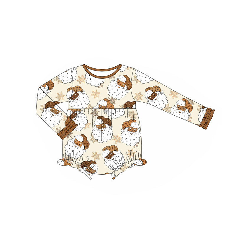 Baby Girls Long Ruffle Sleeves Khaki Santa Snowflake Rompers Preorder