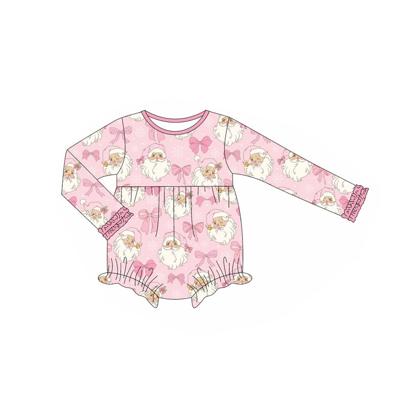 Baby Girls Long Ruffle Sleeves Pink Santa Bows Plaid Rompers Preorder