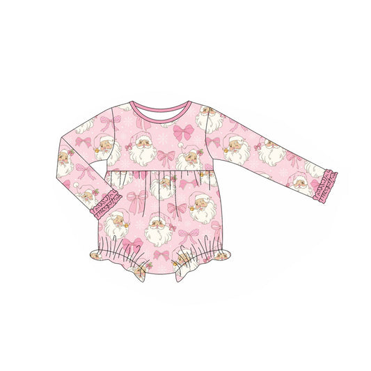 Baby Girls Long Ruffle Sleeves Pink Santa Bows Plaid Rompers Preorder