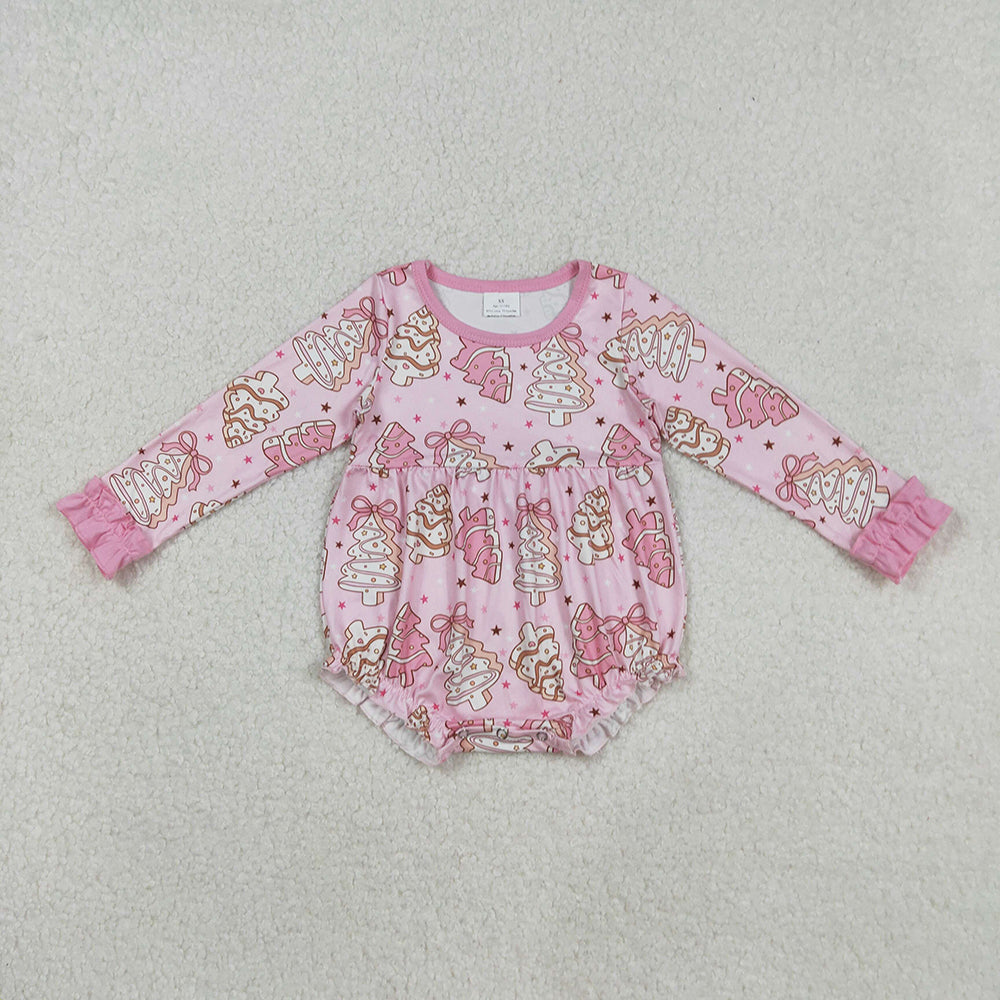 Baby Girls Long Ruffle Sleeves Pink Bows Christmas Trees Plaid Rompers