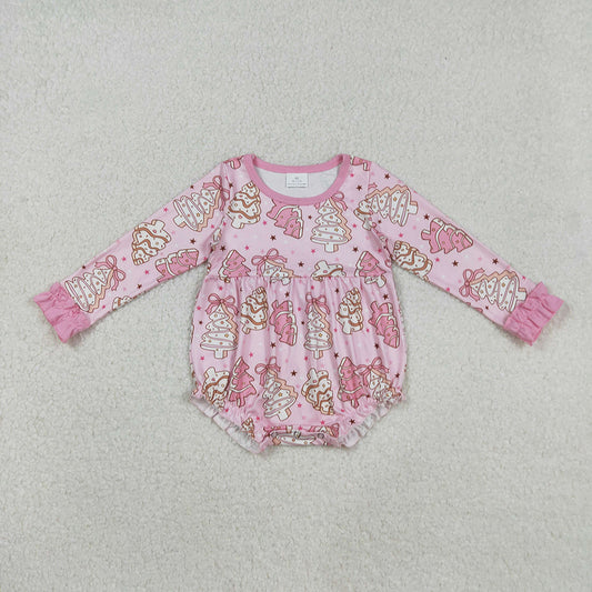 Baby Girls Long Ruffle Sleeves Pink Bows Christmas Trees Plaid Rompers
