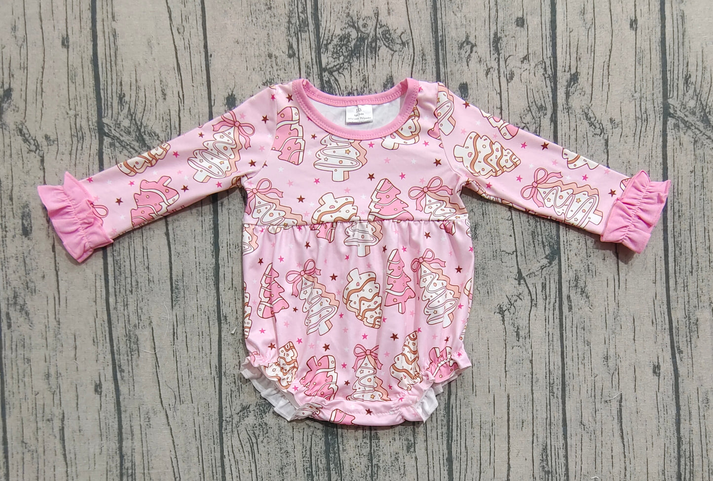 Baby Girls Long Ruffle Sleeves Pink Bows Christmas Trees Plaid Rompers