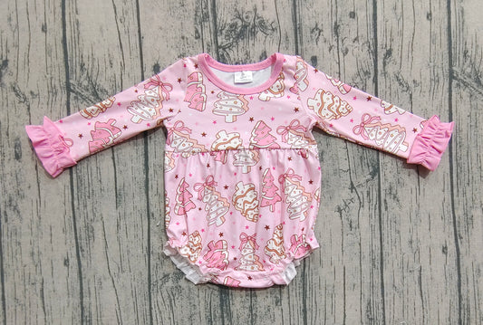 Baby Girls Long Ruffle Sleeves Pink Bows Christmas Trees Plaid Rompers