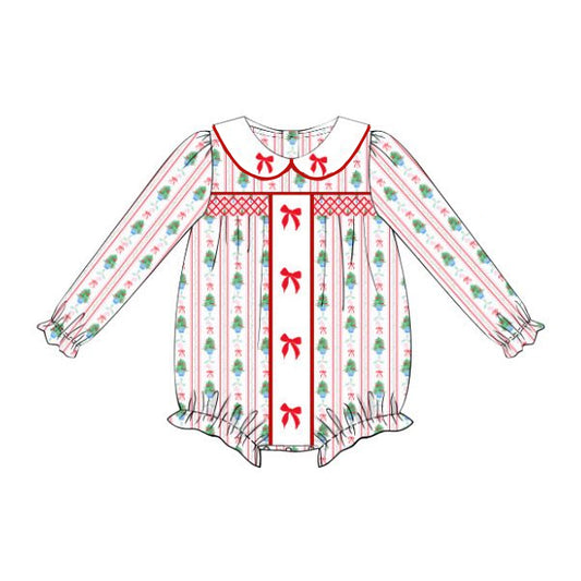 Baby Girls Long Sleeves Red Green Bows Stripes Ruffle Rompers Preorder