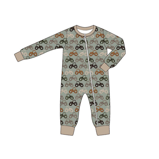 Baby Boys Long Sleeves Gray Truck Plaid Farm Zipper Rompers Preorder