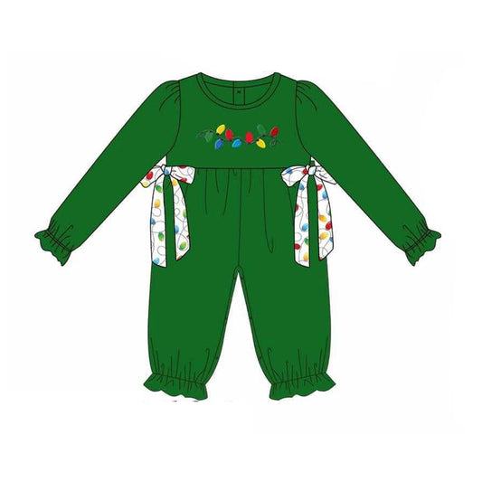 Baby Girls Dark Green Long Ruffle Sleeves Lights Bows Pant Rompers Preorder