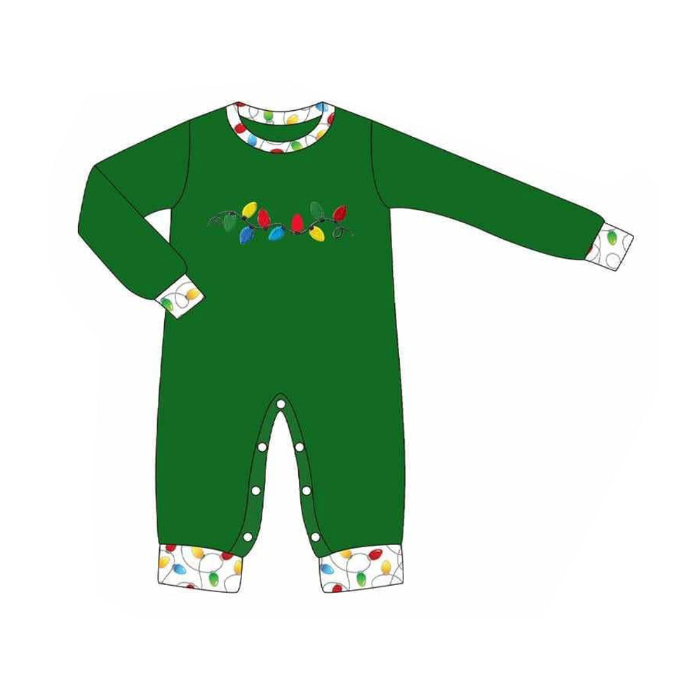 Preorder moq 5 Baby Boys Dark Green Lights Christmas Footie Rompers