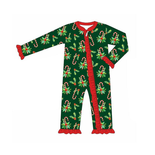 Baby Girls Long Ruffle Sleeves Holly Candy Cane Zipper Rompers Preorder