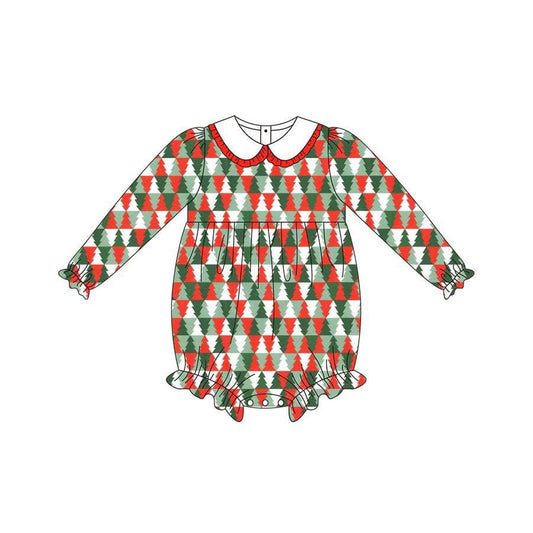 Baby Girls Green Red Plaid Long Sleeves Trees Plaid Ruffle Rompers Preorder