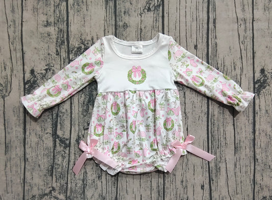 Baby Girls Pink Gifts Bows Holly Print Christmas Ruffle Rompers
