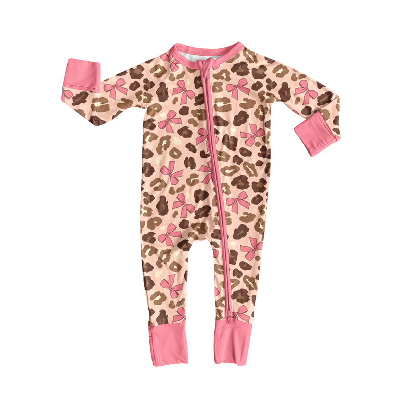 Baby Girls Long Sleeves Pink Bows Leopard Zipper Pant Rompers Preorder
