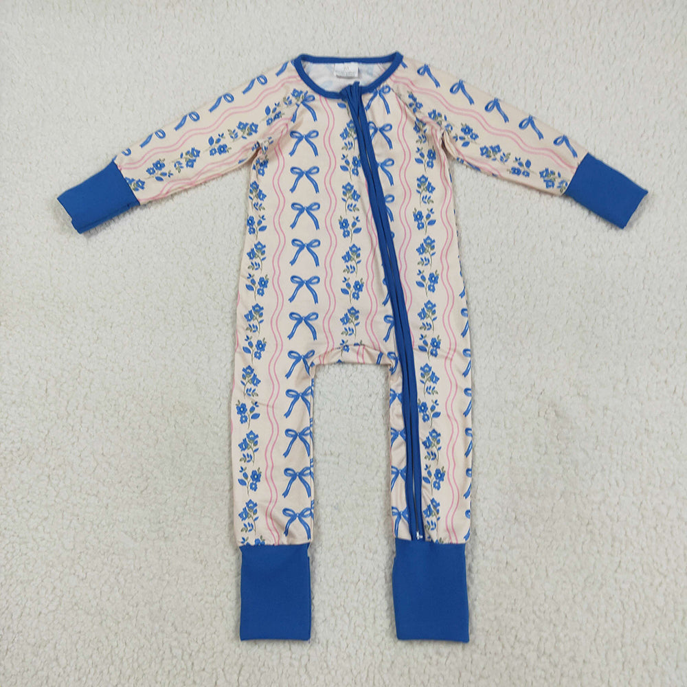 Sibling Baby Girls Blue Bows Flower Stripe Rompers Pajamas Sets