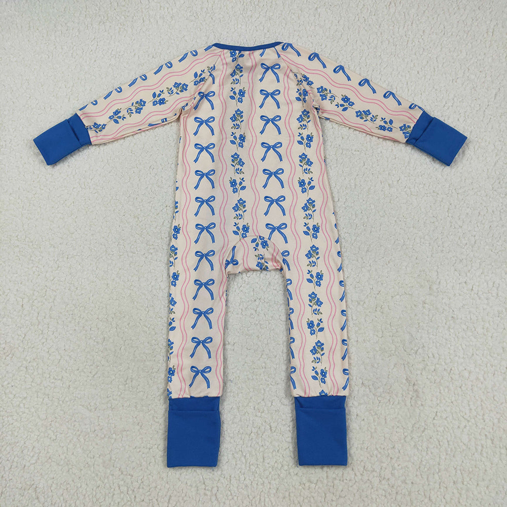 Baby Girls Long Sleeves Blue Bows Flowers Stripe Zipper Pant Rompers